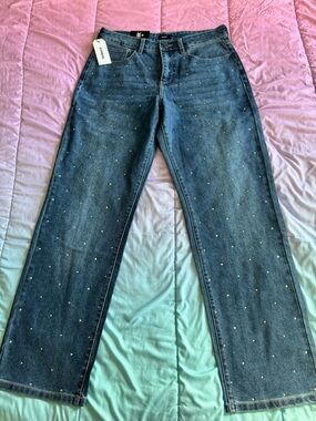 Express Dark Blue Straight-Leg Jeans with Stud Accents